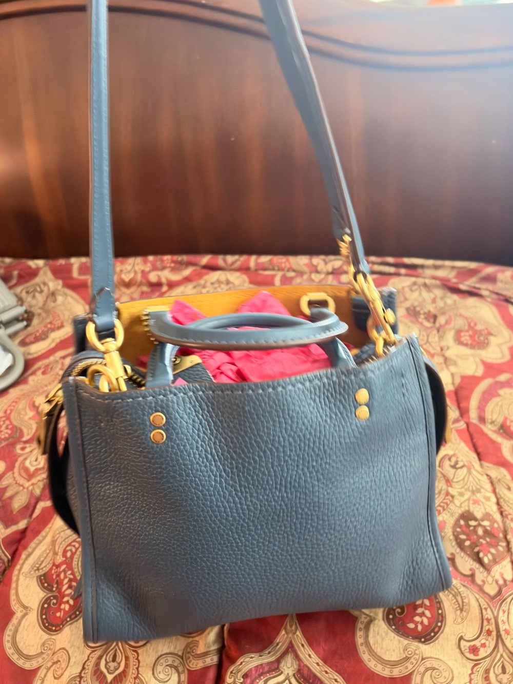Coach 1941 Rogue 30 Navy Blue Pebbled Leather Mustard Suede Rare